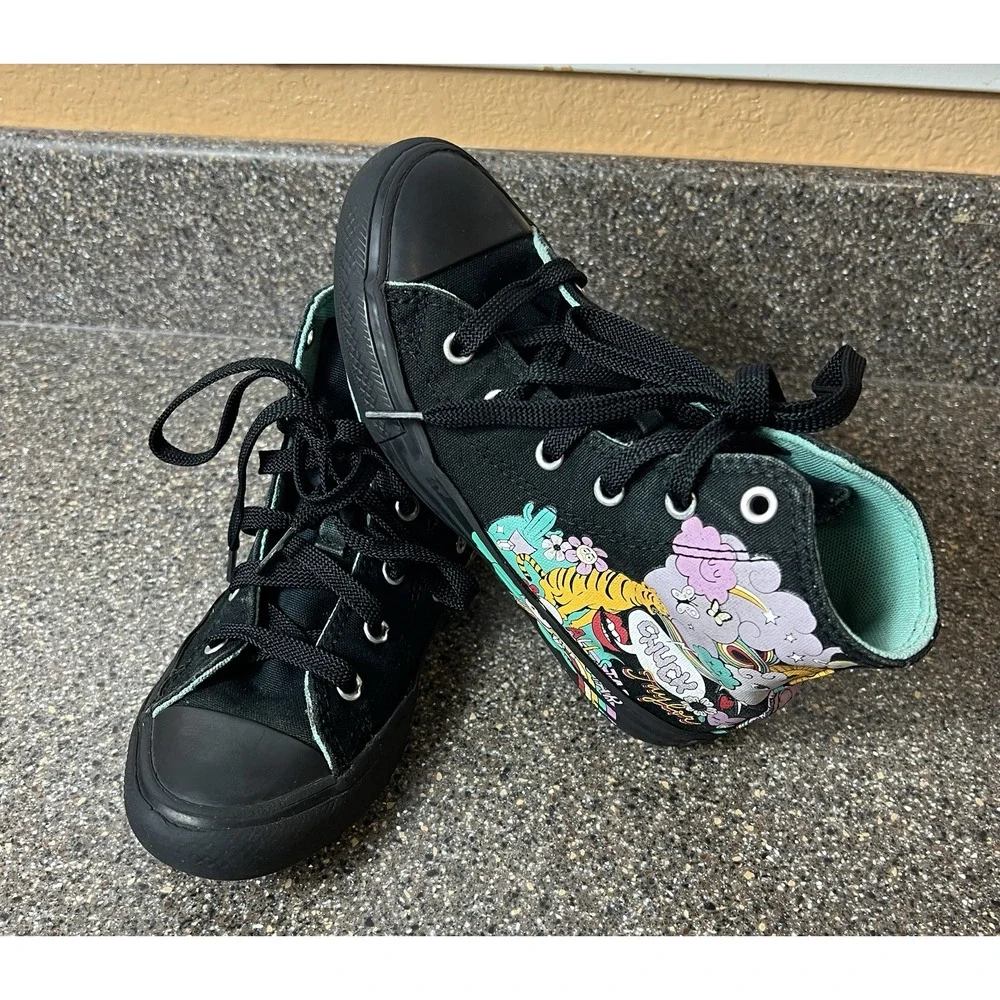 Converse All Star Kids Youth Size 1 Black Doodle-Style Canvas High Top Sneakers